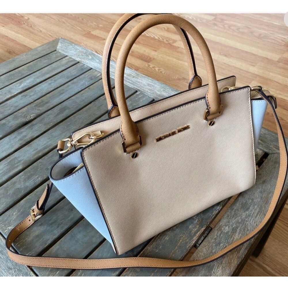 Michael Kors Handbag Satchel Crossbody Creme& White Zip Dust Color Gift Fr Mothe